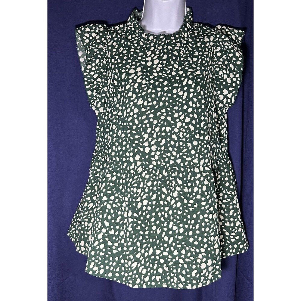 Angashion Women's Green Leopard Print Cap Sleeve Ruffle Neck Babydoll Blouse S
